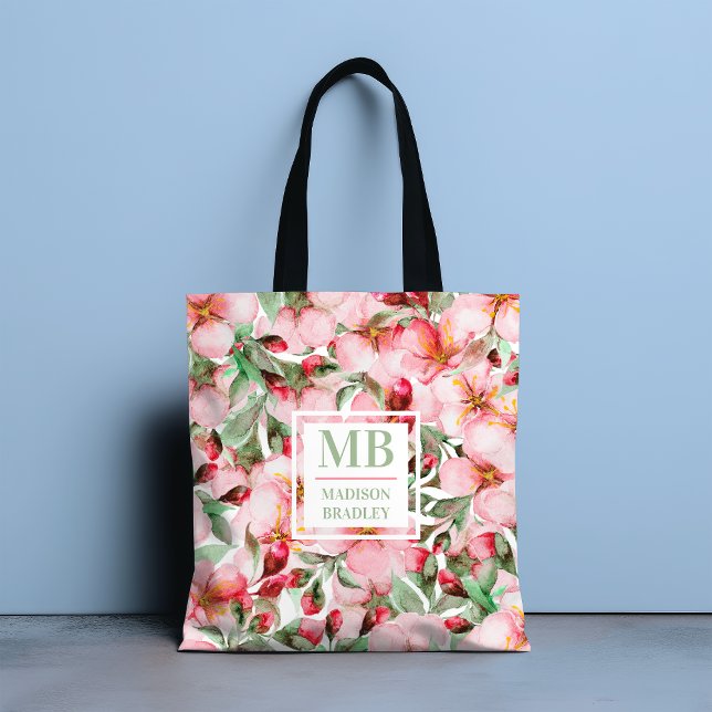 Monogram Name Cherry Blossom Wasserfarbe Floral Tasche (Von Creator hochgeladen)
