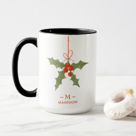 Monogram Name Christmas Holly Winter Floral Tasse
