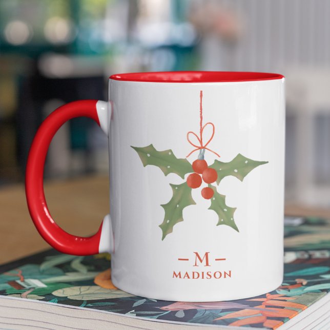 Monogram Name Christmas Holly Winter Floral Tasse (Von Creator hochgeladen)