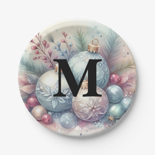 Monogram name Christmas tree ornaments watercolor  Pappteller (Vorderseite)