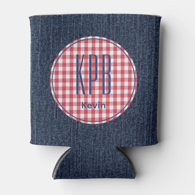 Monogram Name Dark Blue Denim Print Gingham Check Dosenkühler (Vorderseite)