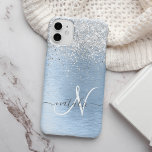 Monogram, Name des blauen, gebürsteten Metalls Sil Case-Mate iPhone 14 Plus Hülle<br><div class="desc">Dieses schicke Gehäuse mit hübschem silber funkelndem Glitzer auf blau gebürstetem metallischem Hintergrund ist einfach zu personalisieren.</div>