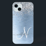 Monogram, Name des blauen, gebürsteten Metalls Sil Case-Mate iPhone Hülle<br><div class="desc">Dieses schicke Gehäuse mit hübschem silber funkelndem Glitzer auf blau gebürstetem metallischem Hintergrund ist einfach zu personalisieren.</div>