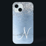 Monogram, Name des blauen, gebürsteten Metalls Sil Case-Mate iPhone Hülle<br><div class="desc">Dieses schicke Gehäuse mit hübschem silber funkelndem Glitzer auf blau gebürstetem metallischem Hintergrund ist einfach zu personalisieren.</div>
