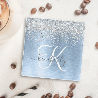 Monogram, Name des blauen, gebürsteten Metalls Sil Glasuntersetzer