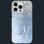 Monogram, Name des blauen, gebürsteten Metalls Sil iPhone 16 Pro Max Hülle<br><div class="desc">Dieses schicke Gehäuse mit hübschem silber funkelndem Glitzer auf blau gebürstetem metallischem Hintergrund ist einfach zu personalisieren.</div>