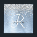 Monogram, Name des blauen, gebürsteten Metalls Sil Magnet<br><div class="desc">Dieses trendige,  schicke Magnetdesign mit hübschem silberglänzenden Glitzer auf blau gebürstetem metallischem Hintergrund ist einfach zu personalisieren.</div>