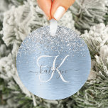 Monogram, Name des blauen, gebürsteten Metalls Sil Ornament<br><div class="desc">Dieses trendige und schicke Ornament-Design mit hübschem silberfarbenem Glitzer auf blau gebürstetem metallischem Hintergrund ist einfach zu personalisieren.</div>