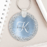 Monogram, Name des blauen, gebürsteten Metalls Sil Schlüsselanhänger<br><div class="desc">Dieses schicke Design mit hübsch silber funkelnden Imitaten Glitzer auf blau gebürstetem metallischem Hintergrund ist einfach zu personalisieren.</div>