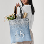 Monogram, Name des blauen, gebürsteten Metalls Sil Tasche<br><div class="desc">Dieses trendige,  schicke Tote-Taschendesign mit hübschem silberglänzenden Glitzer auf blau gebürstetem metallischem Hintergrund ist einfach zu personalisieren.</div>