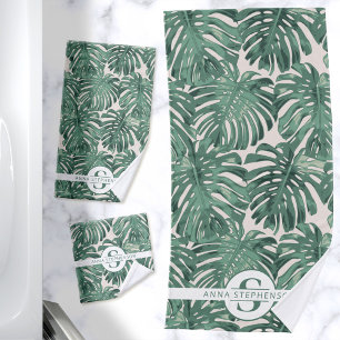 Monogram Name des tropischen Green Palm Blätter Badhandtuch Set