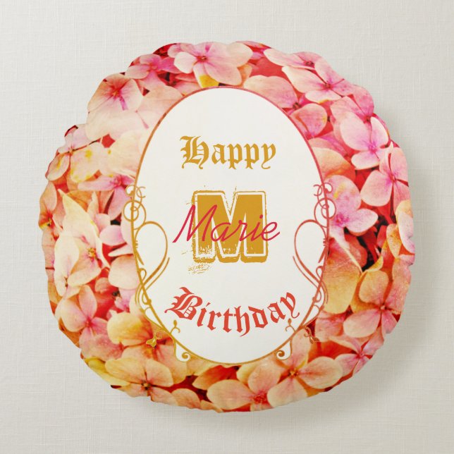 Monogram Name Floral Elegant 21. Happy Birthday Rundes Kissen (Vorderseite)