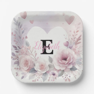 Monogram name floral hearts romantic watercolor  pappteller