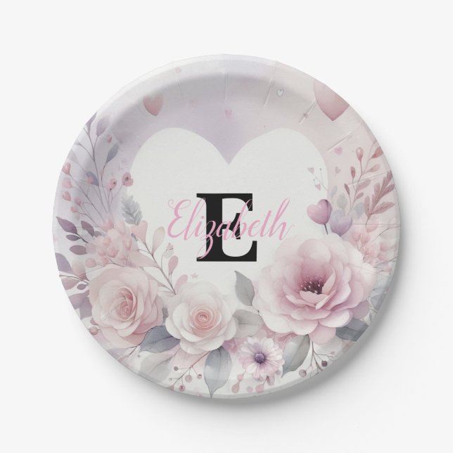 Monogram name floral hearts romantic watercolor  pappteller (Vorderseite)
