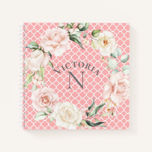 Monogram Name Floral Watercolor Damask Notebook Notizbuch (Vorderseite)