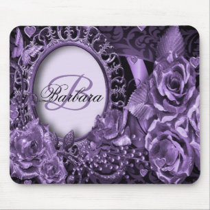 Monogram Name Gift Lila Floral Elegante Moderne Mousepad