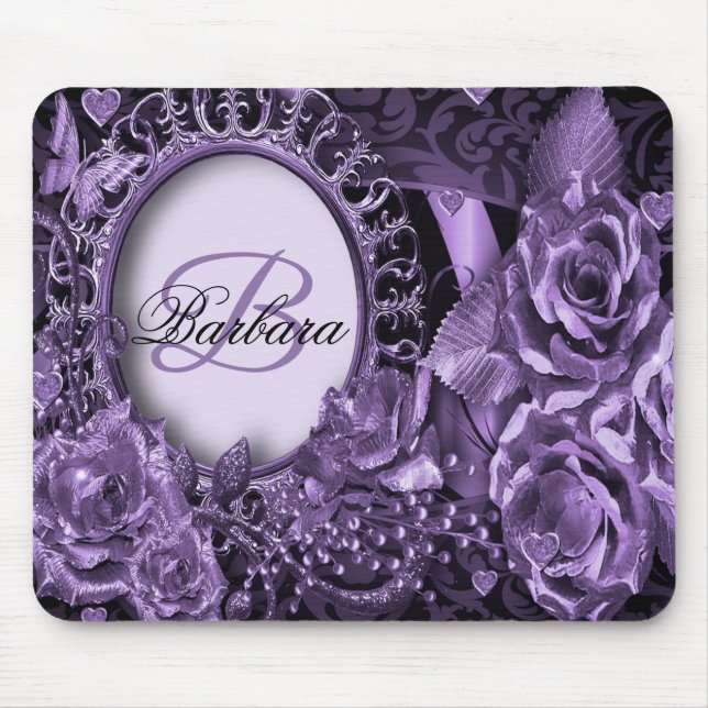 Monogram Name Gift Lila Floral Elegante Moderne Mousepad (Vorne)