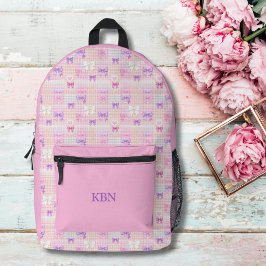 Monogram Name Gingham Coquette Bows Pink Girls Bedruckter Rucksack