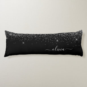 Monogram Name Girl - Schwarzer Silberner Glitzer Seitenschläferkissen