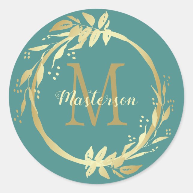 Monogram Name Gold Aquamarin Green Christmas Wraat Runder Aufkleber (Vorderseite)