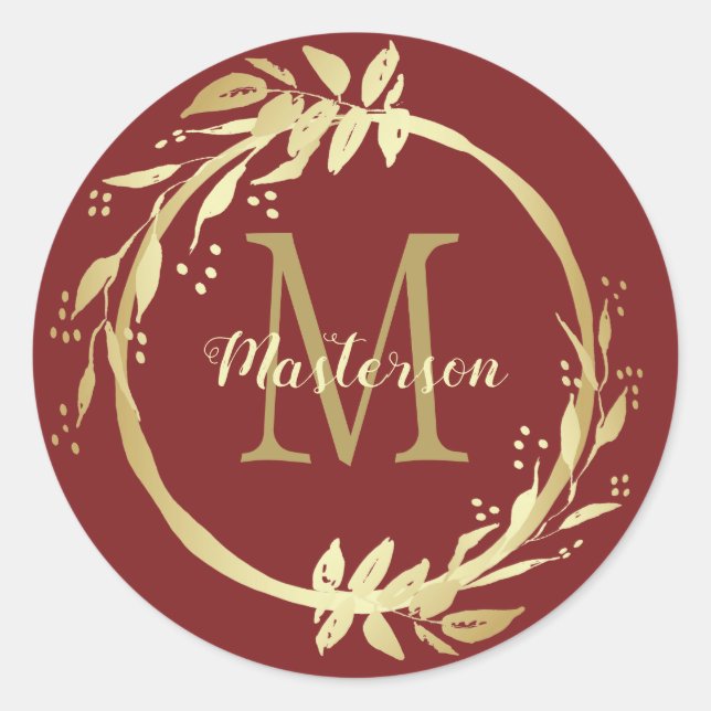 Monogram Name Gold Burgundy Weihnachtsschaden Runder Aufkleber (Vorderseite)