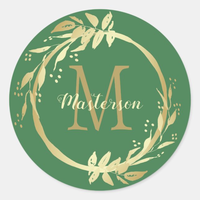 Monogram Name Gold Green Weihnachtslied Runder Aufkleber (Vorderseite)