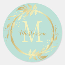 Monogram Name Gold Minze Green Weihnachtskranz Runder Aufkleber
