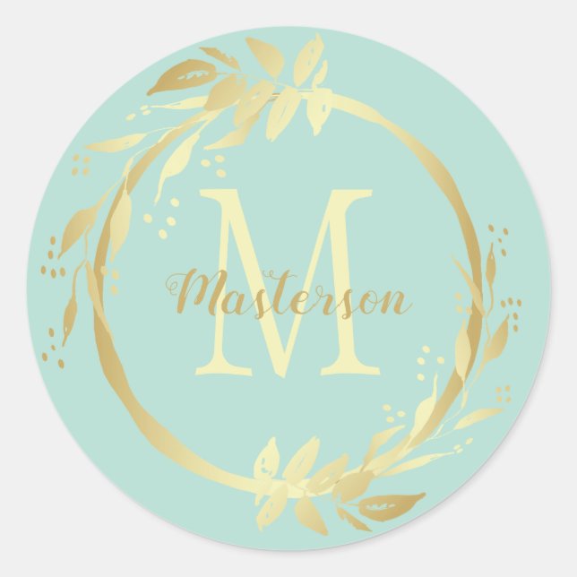 Monogram Name Gold Minze Green Weihnachtskranz Runder Aufkleber (Vorderseite)