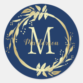 Monogram Name Gold Navy Blauer Weihnachtskranz Runder Aufkleber