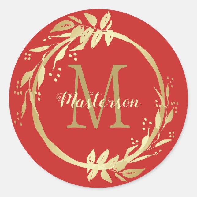 Monogram Name Gold Red Christmas Wedge Runder Aufkleber (Vorderseite)