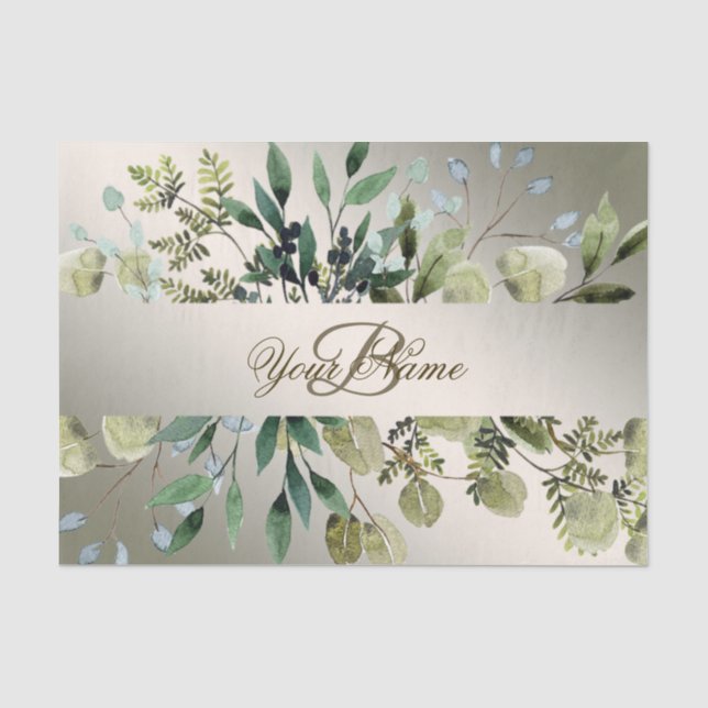 Monogram Name Green Blätter Golden Bronze Elegante Seidenpapier (Vorderseite)