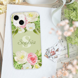 Monogram Name Green Pink Watercolor Floral Case-Mate iPhone 14 Hülle