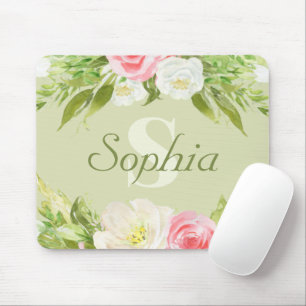 Monogram Name Green Pink Watercolor Floral Mousepad