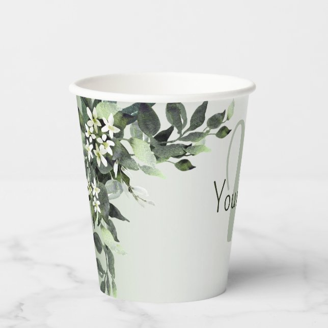 Monogram Name Greenery Floral Eukalyptus Blätter Pappbecher (Vorderseite)