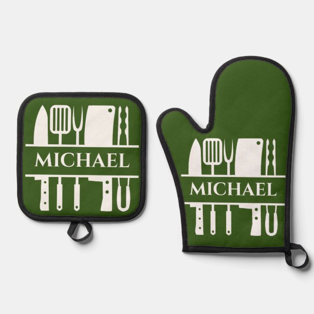 Monogram Name GRILLEN Koch Cook Grilling Ofenhandschuh & Topflappen-Set (Vorderseite)