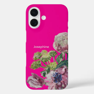 Monogram Name hot pink fett Aquarellblume iPhone 16 Hülle