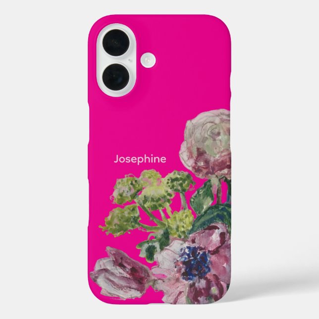 Monogram Name hot pink fett Aquarellblume iPhone 16 Hülle (Rückseite)