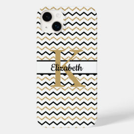 Monogram Name Initial Black Gold Zickzack Zig Zag Case-Mate iPhone 14 Plus Hülle