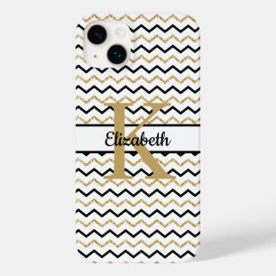 Monogram Name Initial Black Gold Zickzack Zig Zag Case-Mate iPhone 14 Plus Hülle