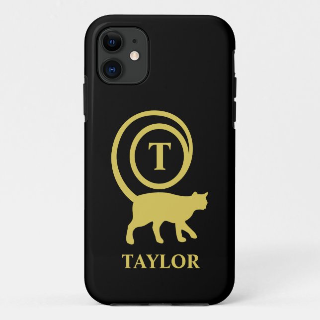 Monogram Name Initial Kitty Cat Lover Black Gold Case-Mate iPhone Hülle (Rückseite)