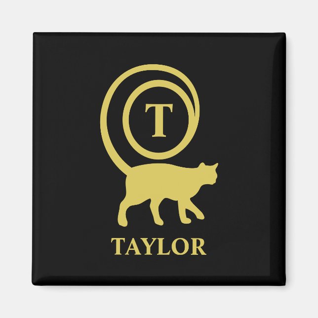 Monogram Name Initial Kitty Cat Lover Black Gold Magnet (Vorne)