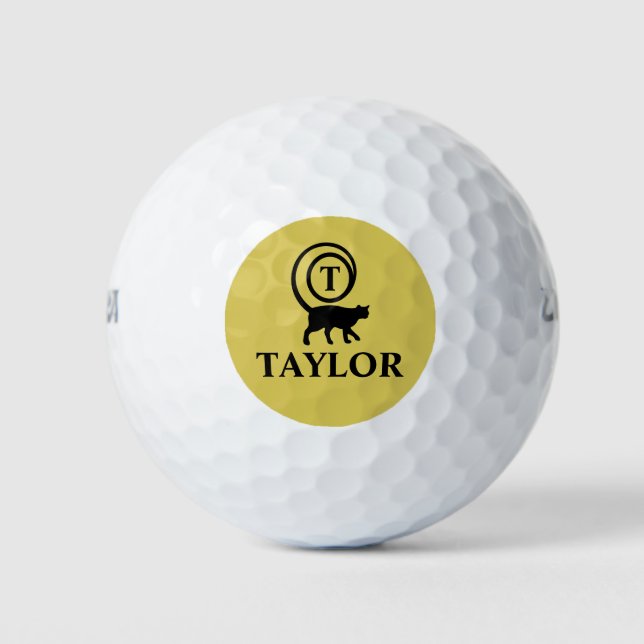 Monogram Name Initial Kitty Cat Lover Gold Black Golfball (Vorderseite)