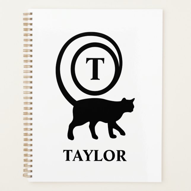 Monogram Name Initial Kitty Cat Lover White Black Planer (Vorderseite)