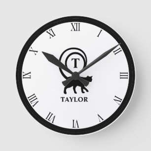 Monogram Name Initial Kitty Cat Lover White Black Runde Wanduhr