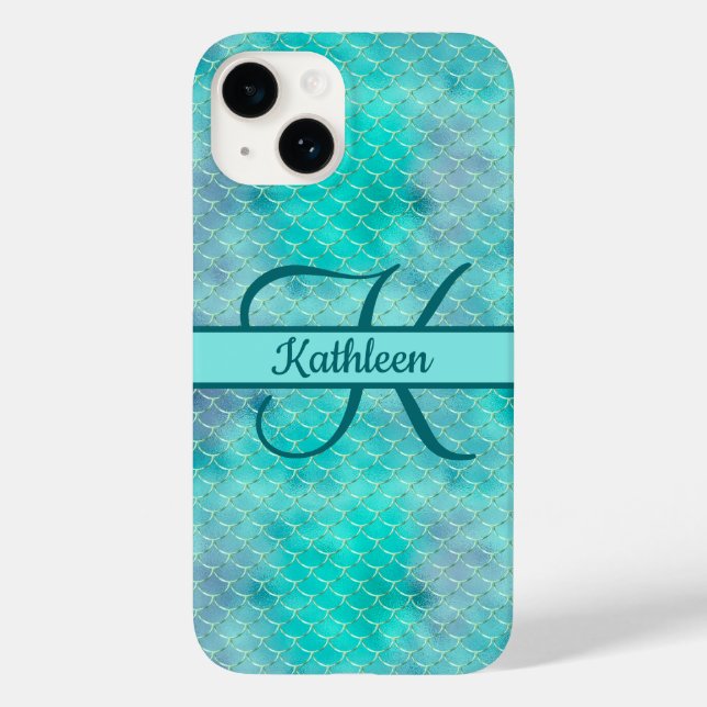 Monogram Name Initial Mermaid Blue Lila Green Case-Mate iPhone 14 Hülle (Rückseite)