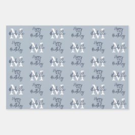 Monogram Name Initial Pattern Happy Birthday Blue Geschenkpapier Set