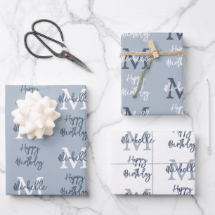 Monogram Name Initial Pattern Happy Birthday Blue Geschenkpapier Set