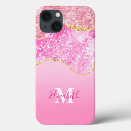 Monogram Name Initial Pink Gold Glam Bling Glitzer Case-Mate iPhone Hülle