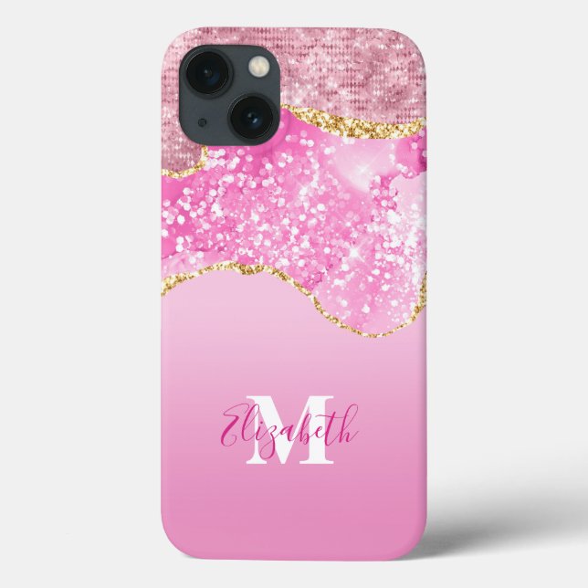 Monogram Name Initial Pink Gold Glam Bling Glitzer Case-Mate iPhone Hülle (Rückseite)