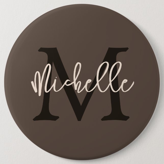 Monogram Name Initial Script Cream Brown Button (Vorderseite)